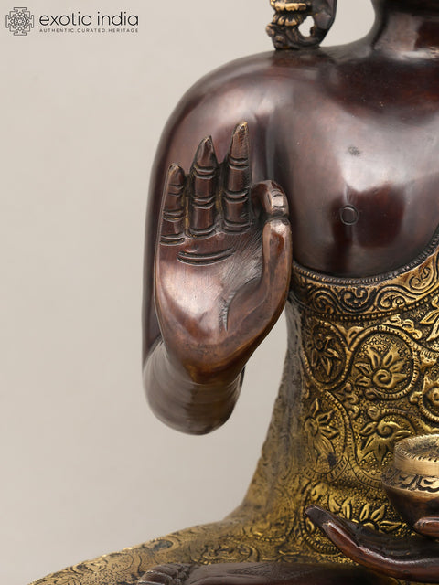 17" Lord Buddha Seated in Vitark Mudra with Floral Carving on Robe | Brass Statue