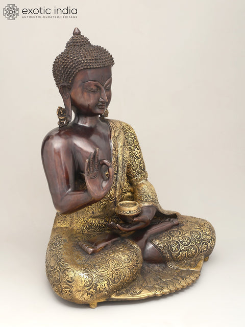 17" Lord Buddha Seated in Vitark Mudra with Floral Carving on Robe | Brass Statue