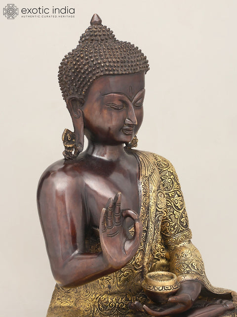 17" Lord Buddha Seated in Vitark Mudra with Floral Carving on Robe | Brass Statue