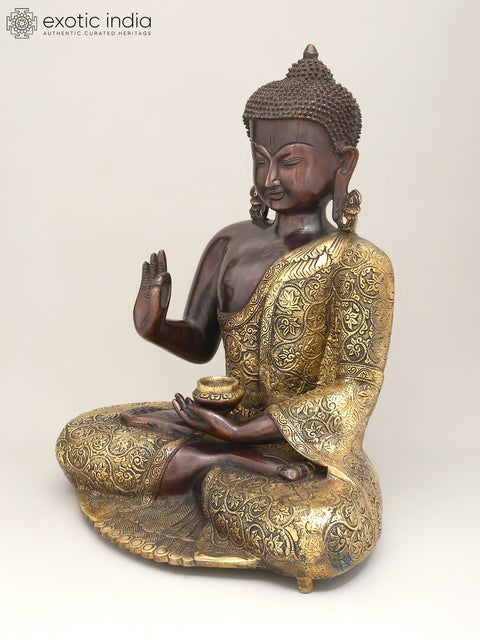 17" Lord Buddha Seated in Vitark Mudra with Floral Carving on Robe | Brass Statue