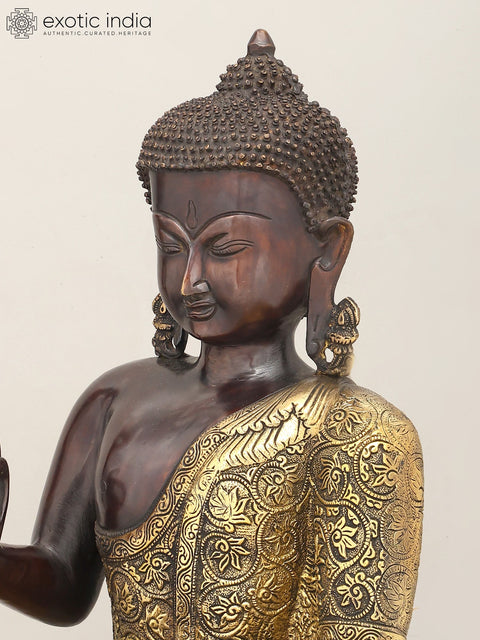 17" Lord Buddha Seated in Vitark Mudra with Floral Carving on Robe | Brass Statue