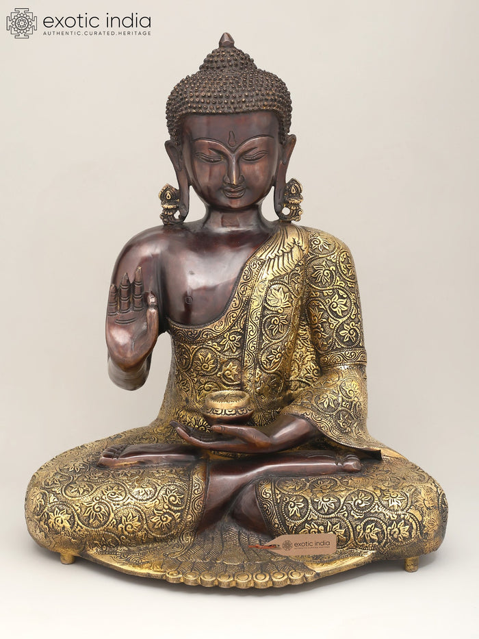 17" Lord Buddha Seated in Vitark Mudra Brass Statue with Floral Carving