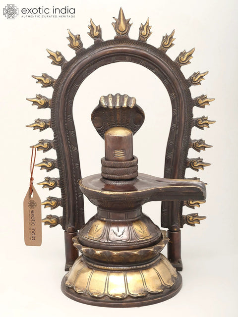 14" Brass Shivalingam Protected by Five Hooded Serpent with Flame Arch | Made In India | Handmade