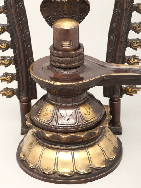 14" Brass Shivalingam Protected by Five Hooded Serpent with Flame Arch | Made In India | Handmade