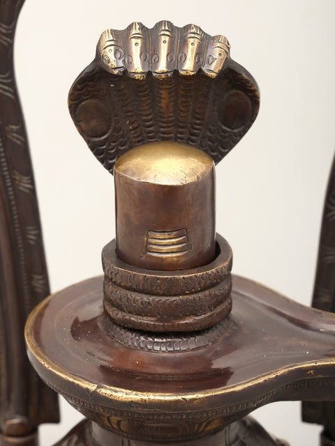 14" Brass Shivalingam Protected by Five Hooded Serpent with Flame Arch | Made In India | Handmade