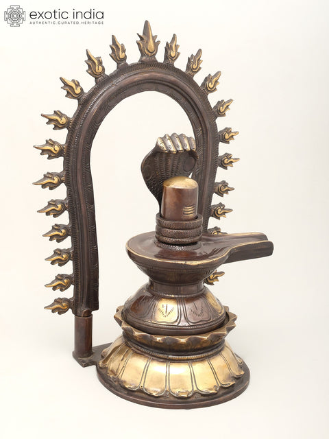 14" Brass Shivalingam Protected by Five Hooded Serpent with Flame Arch | Made In India | Handmade