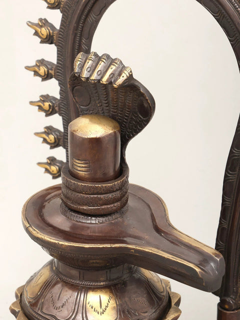 14" Brass Shivalingam Protected by Five Hooded Serpent with Flame Arch | Made In India | Handmade