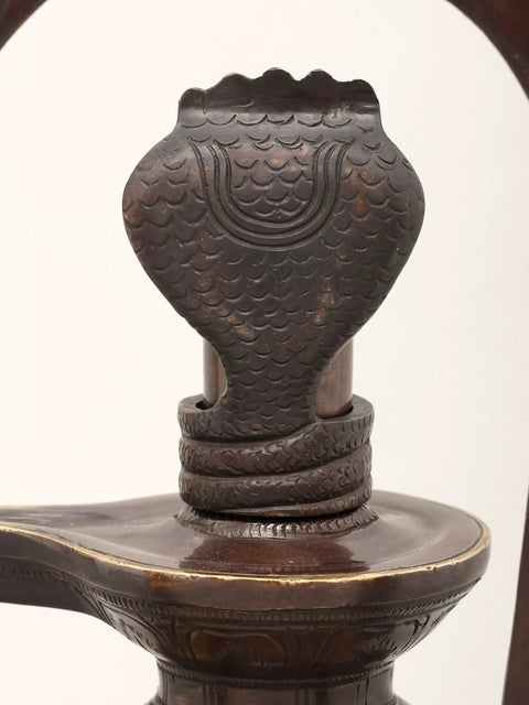 14" Brass Shivalingam Protected by Five Hooded Serpent with Flame Arch | Made In India | Handmade