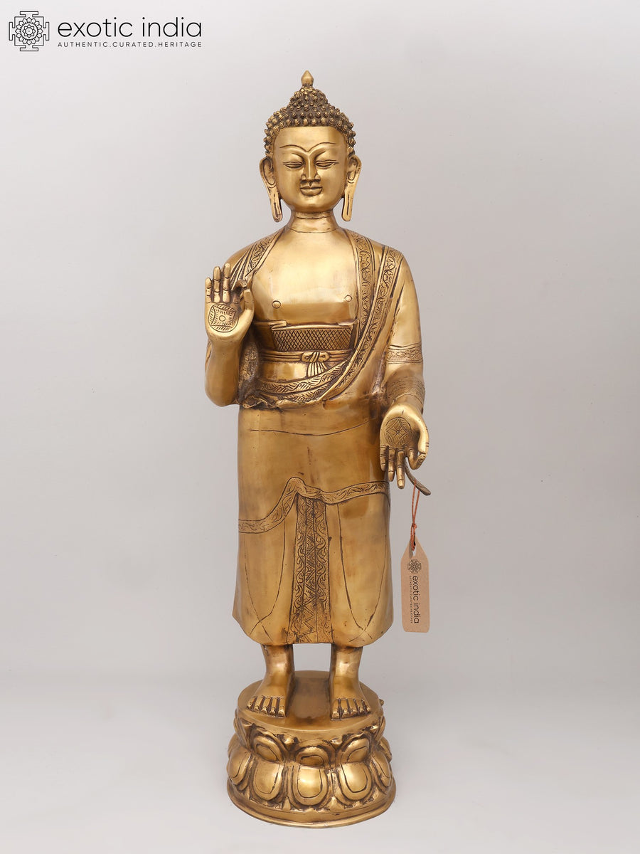 37" Large Standing Lord Buddha Abhaya Varada Mudra Brass Statue
