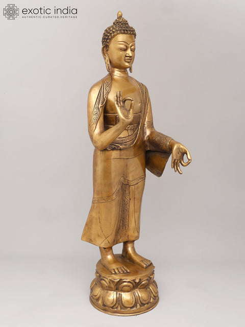 37" Large Standing Lord Buddha in Abhaya and Varada Mudra | Brass Statue