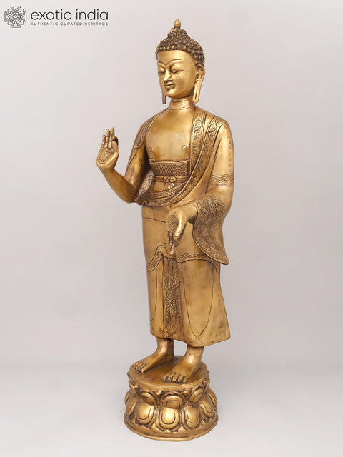 37" Large Standing Lord Buddha in Abhaya and Varada Mudra | Brass Statue