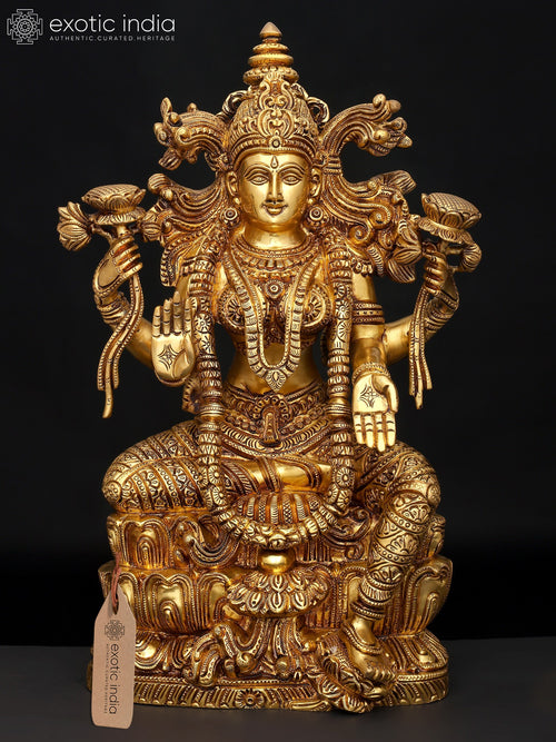 15" Brass Goddess Lakshmi Statue for Home Pooja and Temple Worship
