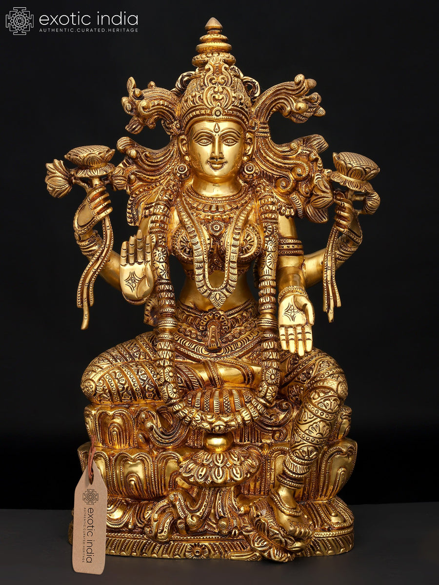 15" Brass Goddess Lakshmi Statue for Home Pooja and Temple Worship