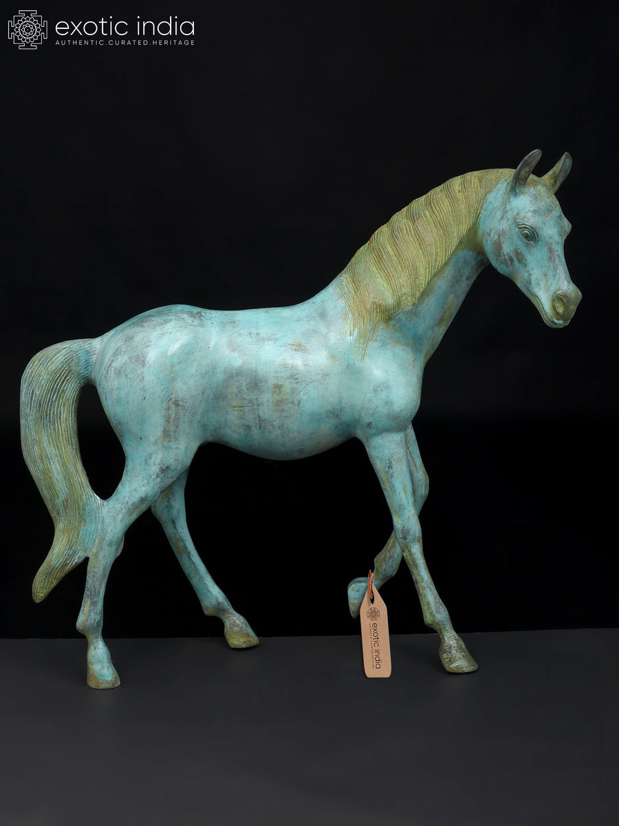 20" Turquoise Brass Horse Statue for Home Decor