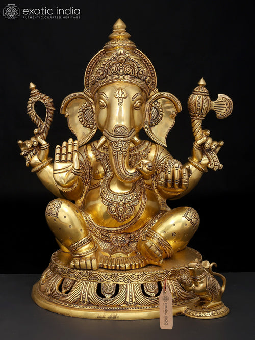 18" Four Armed Blessing Ganesha Brass Idol for Pooja
