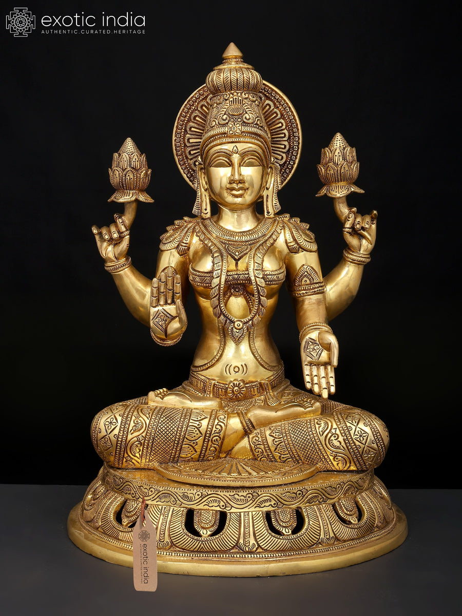 18" Four Armed Lakshmi Brass Statue - Goddess of Wealth and Prosperity