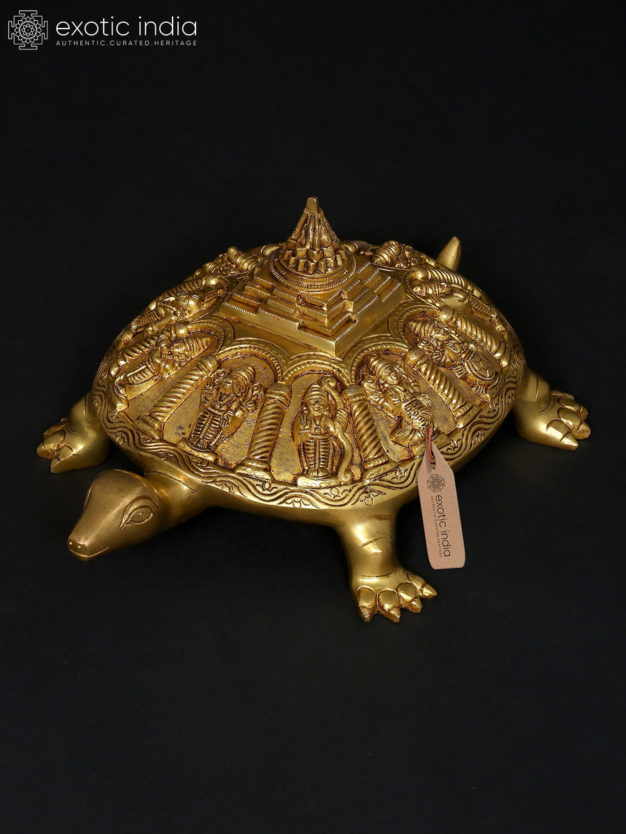 13" Brass Vastu Tortoise with Dashavatara Yantra Statue