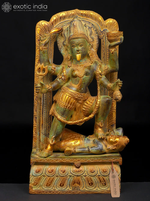 17" Goddess Kali Standing on Shiva Brass Statue for Pooja