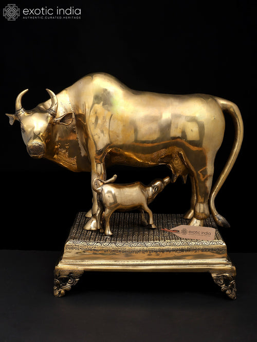 19" Brass Cow and Calf Statue on Pedestal