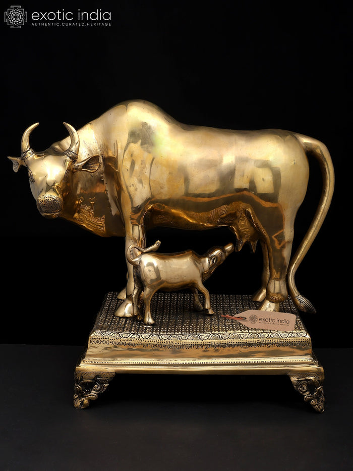 19" Brass Cow and Calf Statue on Pedestal