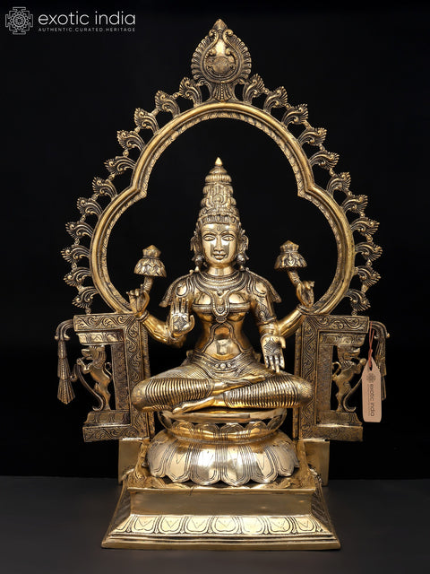 32" Large Four Armed Goddess Lakshmi Seated on Throne | Brass Statue | Made In India