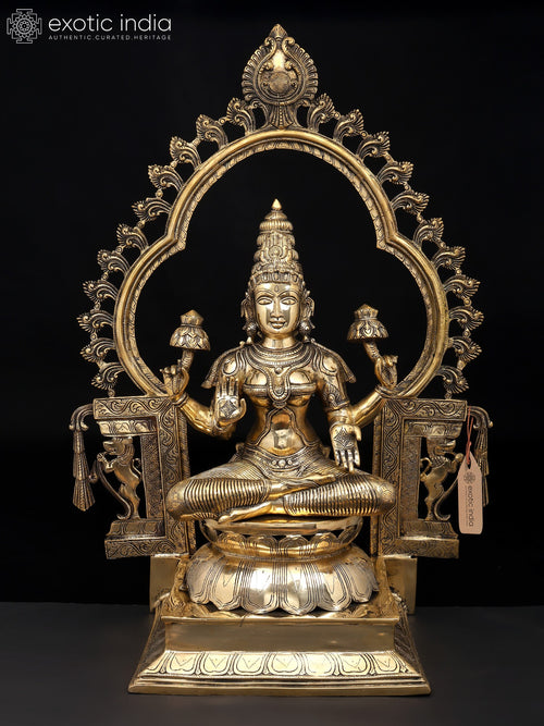 32" Four Armed Goddess Lakshmi Seated on Throne Brass Statue