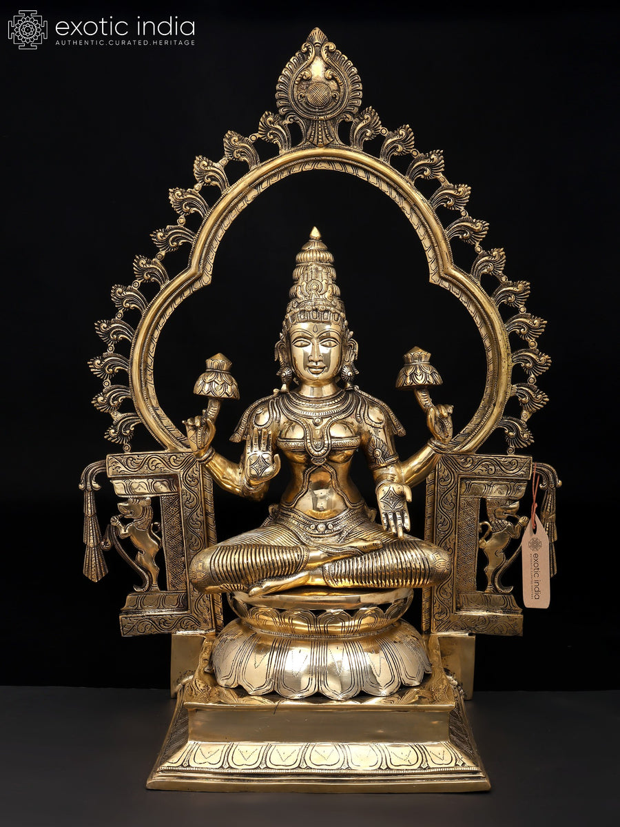 32" Four Armed Goddess Lakshmi Seated on Throne Brass Statue