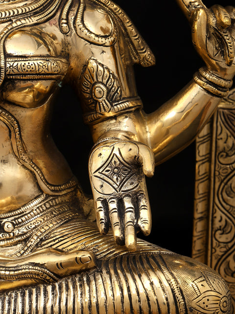 32" Large Four Armed Goddess Lakshmi Seated on Throne | Brass Statue | Made In India