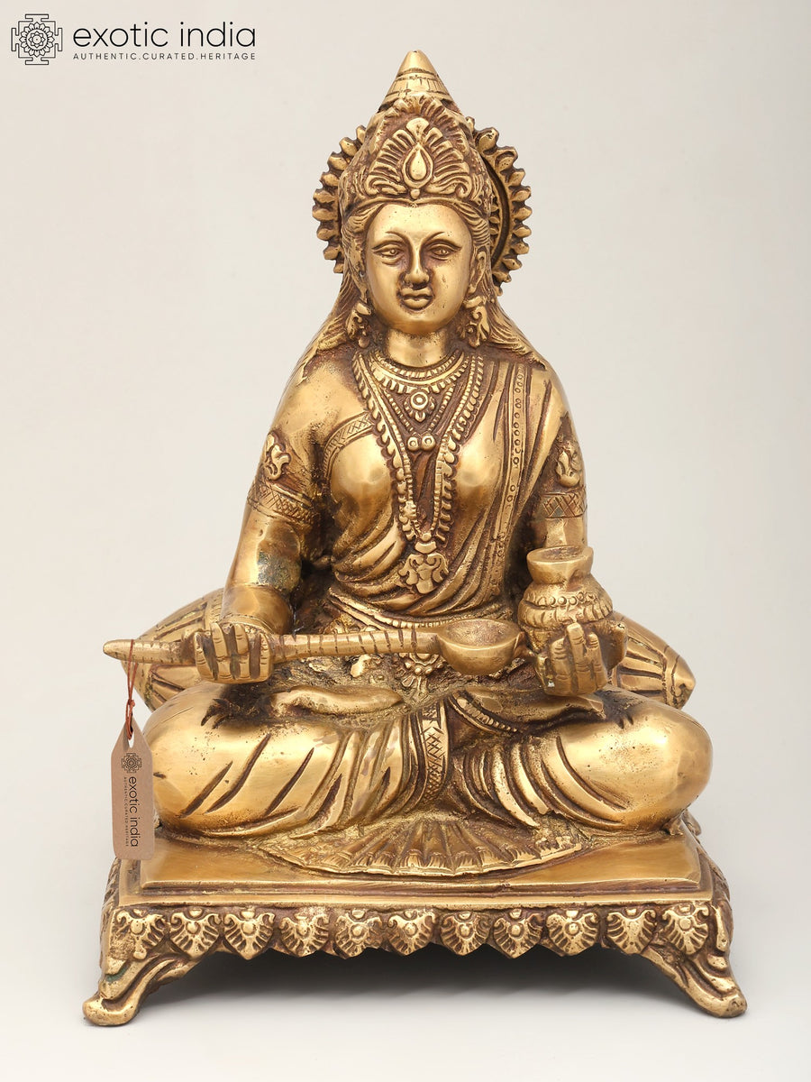 9" Goddess Annapurna Seated Brass Statue with Pedestal