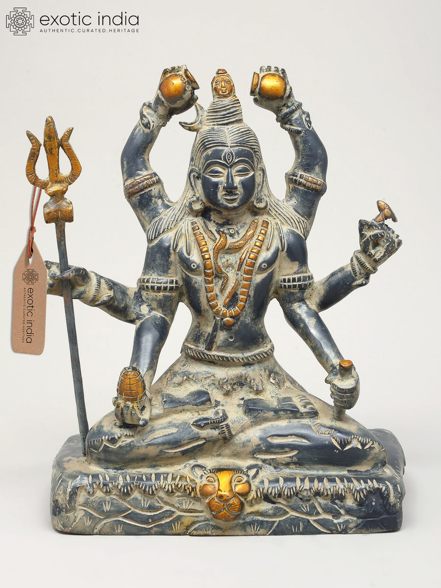 10" Six Armed Mahamrityunjaya Mahadev Brass Statue for Pooja
