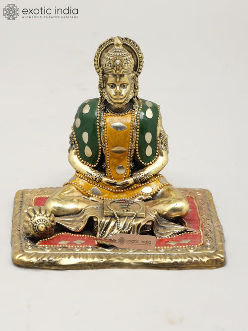 4" Handmade Brass Hanuman Statue with Inlay Work for Pooja
