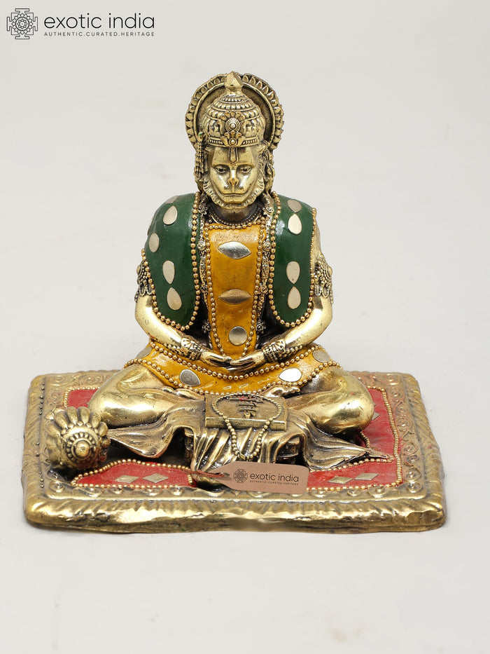 4" Handmade Brass Hanuman Statue with Inlay Work for Pooja