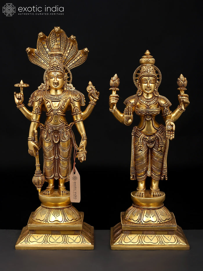 18" Four Armed Lakshmi Narayan Brass Statue Pair for Pooja