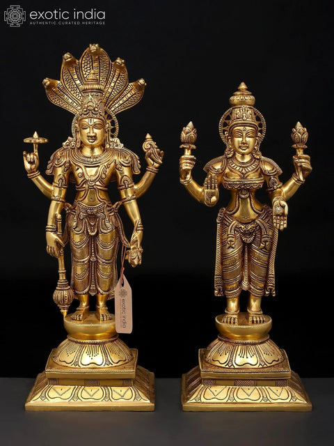 18" Four Armed Standing Lakshmi Narayan (Vishnu Lakshmi) Pair | Brass Statues