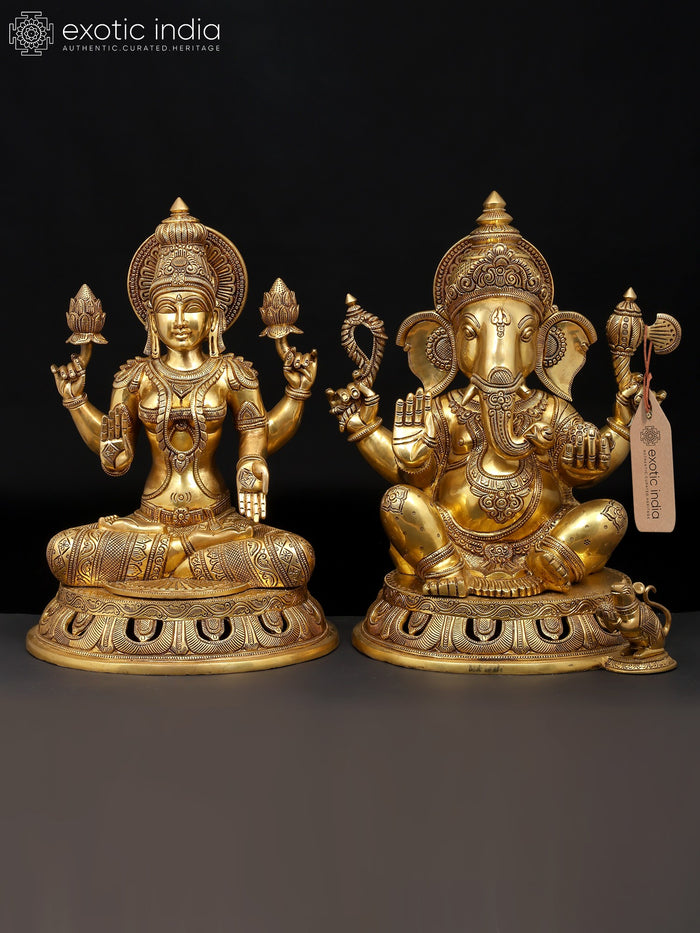 18" Four Armed Lakshmi Ganesha Brass Statue Pair for Pooja