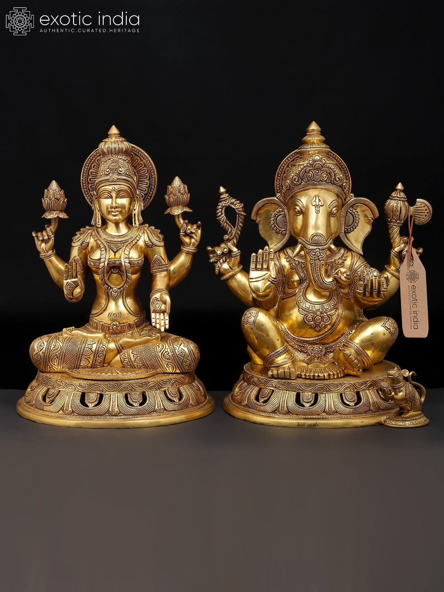 18" Four Armed Lakshmi Ganesha Brass Statue Pair for Pooja