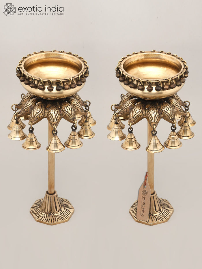16" Pair of Designer Brass Urli with Dangling Bells for Home Decor