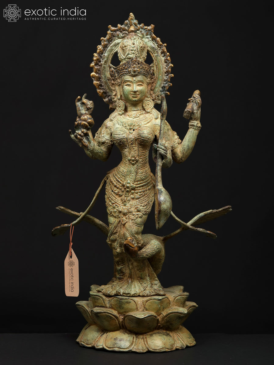 14" Standing Devi Saraswati Brass Statue - Goddess of Knowledge and Arts