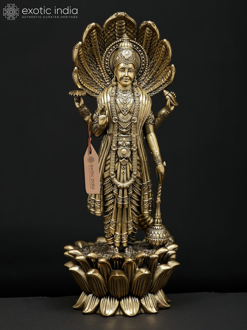 11" Standing Four Armed Vishnu with Sheshnag Brass Statue