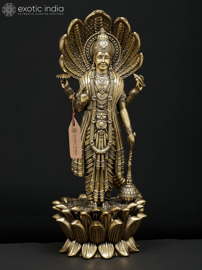 11" Standing Four Armed Vishnu with Sheshnag Brass Statue