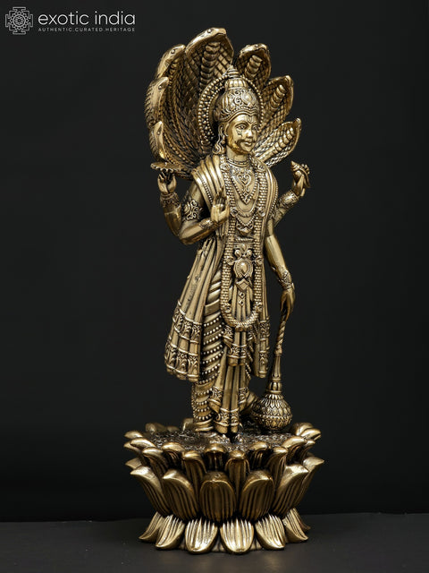 11" Superfine Standing Four Armed Shri Hari Vishnu with Protected Sheshnag | Brass Statue