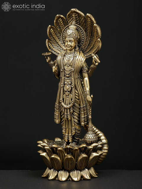 11" Superfine Standing Four Armed Shri Hari Vishnu with Protected Sheshnag | Brass Statue