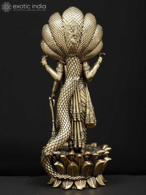 11" Superfine Standing Four Armed Shri Hari Vishnu with Protected Sheshnag | Brass Statue