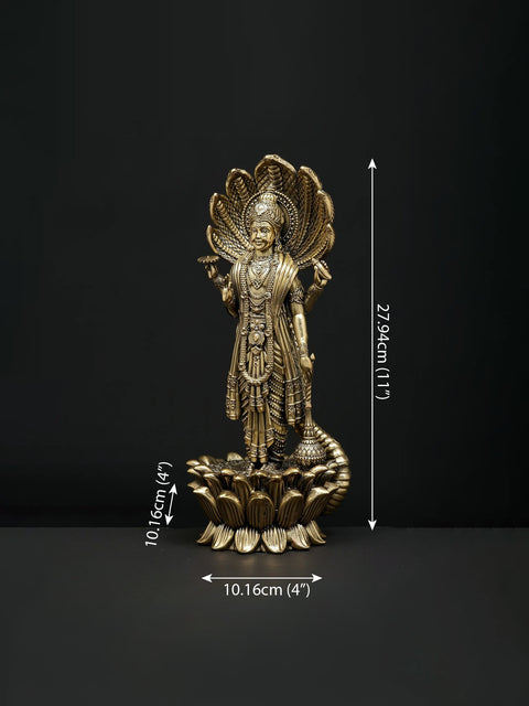 11" Superfine Standing Four Armed Shri Hari Vishnu with Protected Sheshnag | Brass Statue