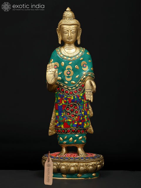 11" Standing Lord Buddha in Abhaya and Varada Mudra | Brass Statue with Inlay Work