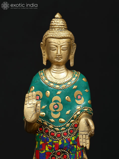 11" Standing Lord Buddha in Abhaya and Varada Mudra | Brass Statue with Inlay Work