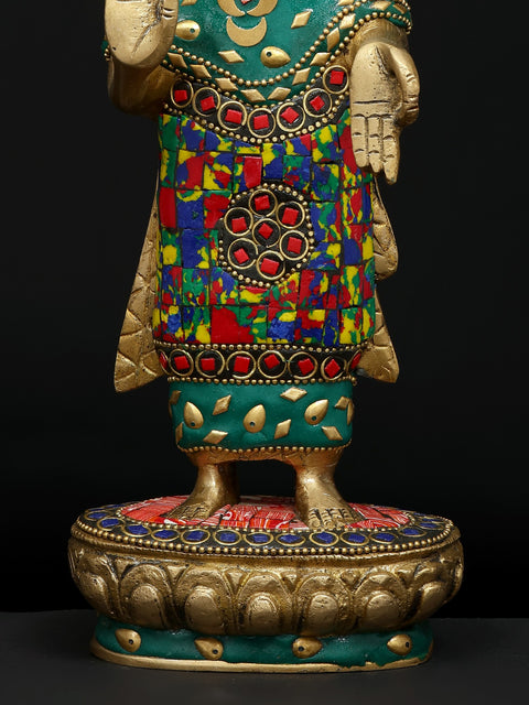 11" Standing Lord Buddha in Abhaya and Varada Mudra | Brass Statue with Inlay Work