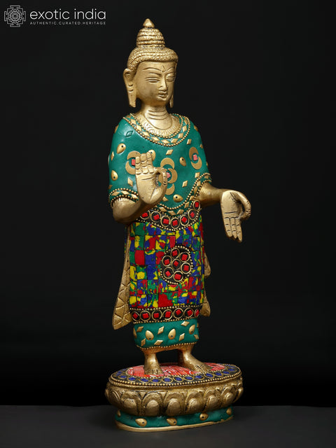 11" Standing Lord Buddha in Abhaya and Varada Mudra | Brass Statue with Inlay Work