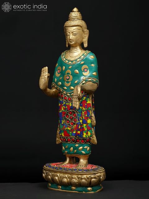 11" Standing Lord Buddha in Abhaya and Varada Mudra | Brass Statue with Inlay Work