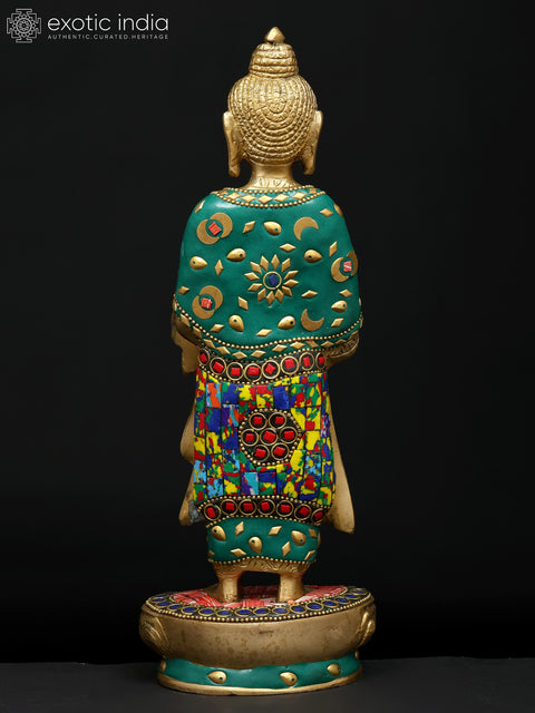 11" Standing Lord Buddha in Abhaya and Varada Mudra | Brass Statue with Inlay Work